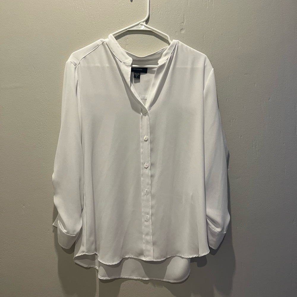 Karen Kane White Button Up Blouse with Cinched Sleeves Sheer White Top